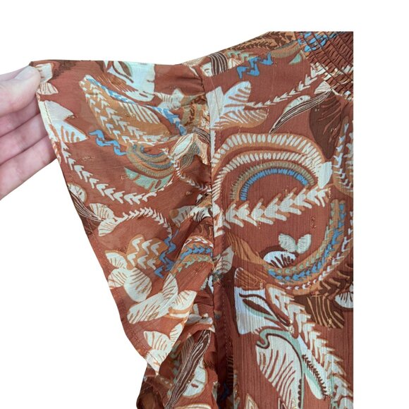 Joie Burnt Orange Floral Flutter Sleeve Smocked Mock Neck Top Women's Medium - Picture 6 of 8